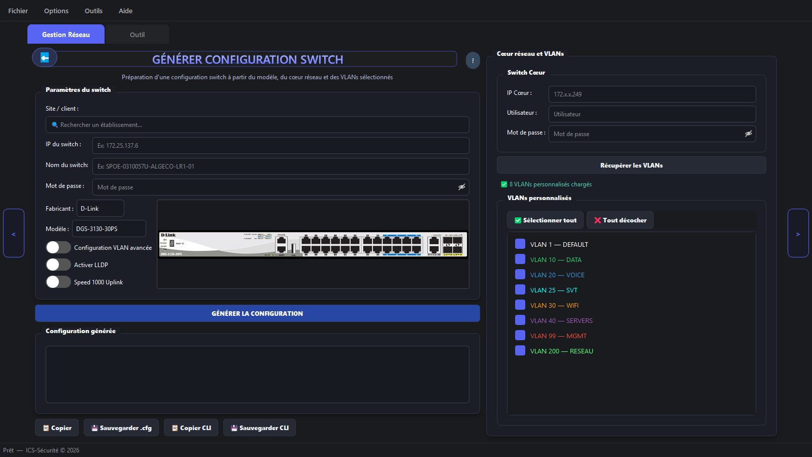 Écran de génération de configuration switch