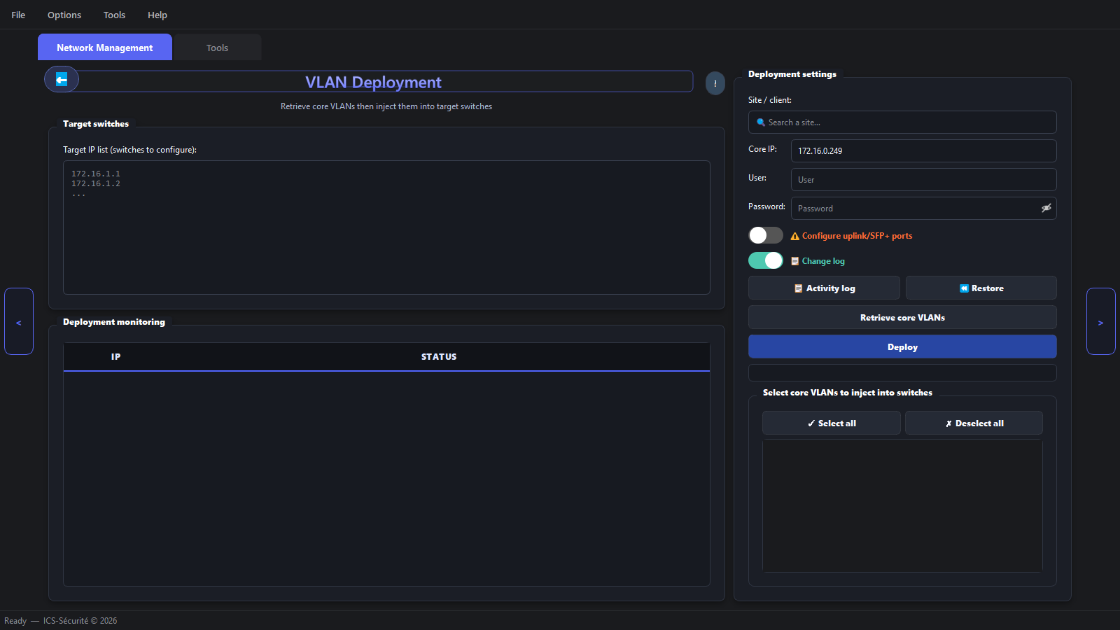 VLAN deployment screen